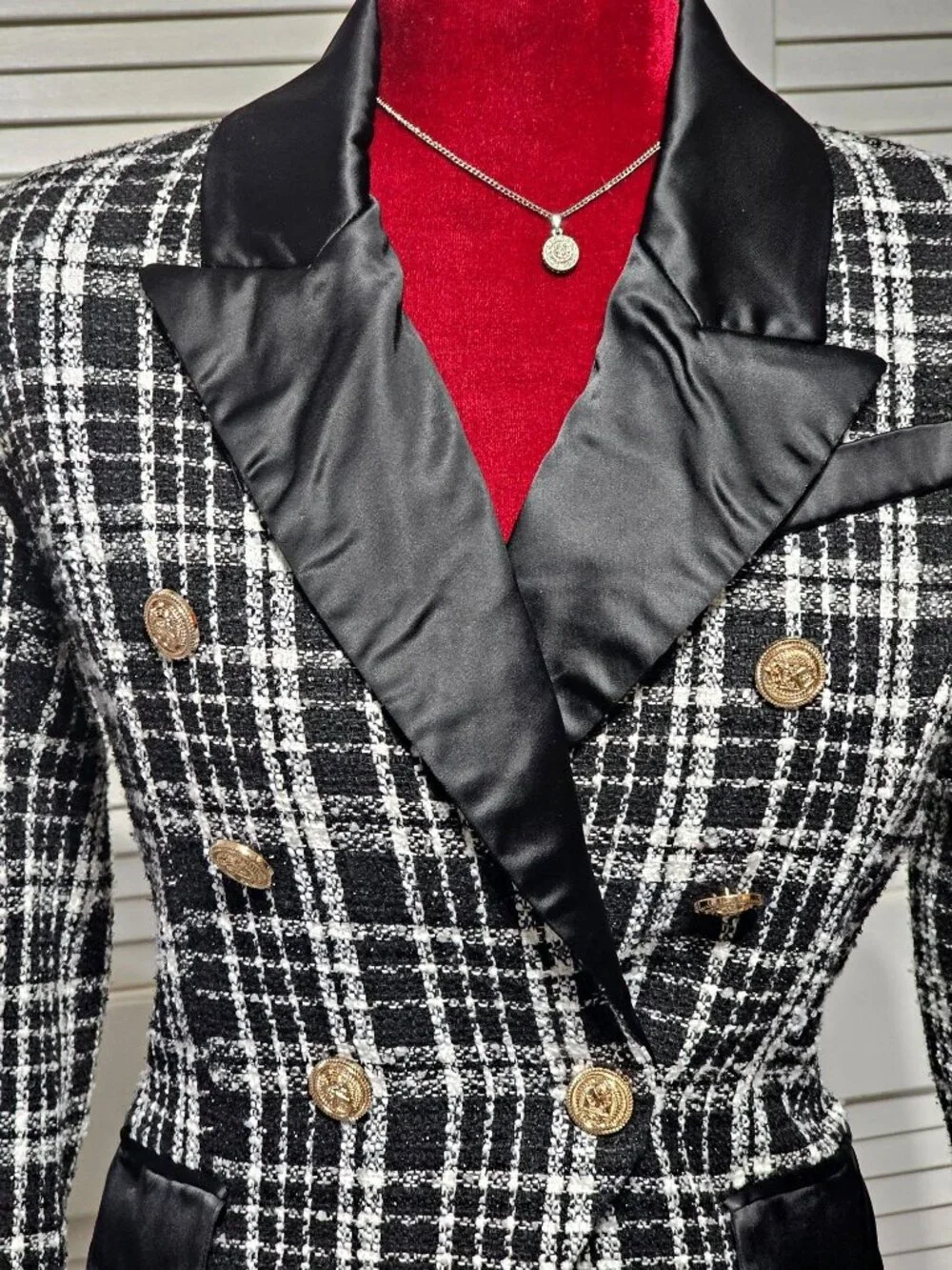 Rachel Parcell Women's Plaid Tweed Double Breasted Satin Lapel Blazer Sz 4 3151 - Picture 10 of 16
